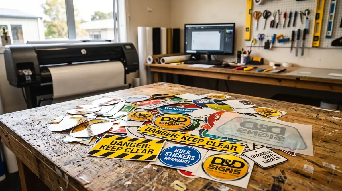 Pile of bulk printed vinyl stickers, labels, and decals on a workbench at D&D Signs Whangārei, including warning labels, branded stickers, and a window decal.