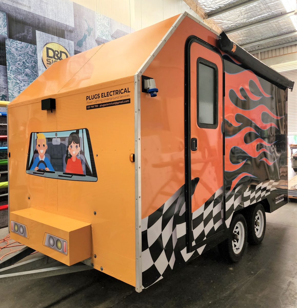 Trailer with wrap flames and flag